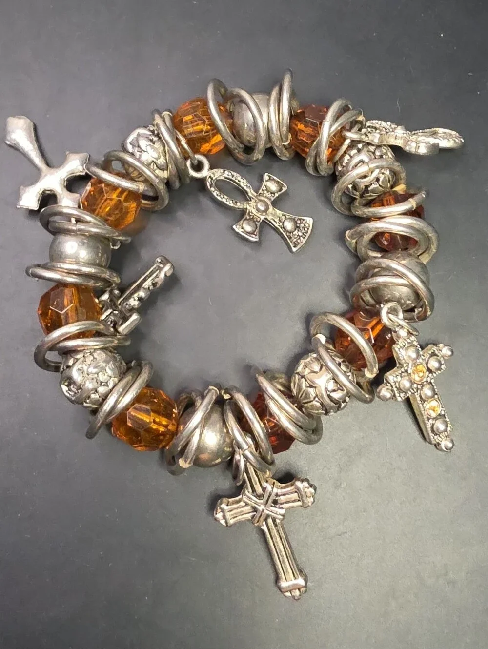 Amber Glass Bead Cross Charm Stretch Bracelet - Women Jewelry